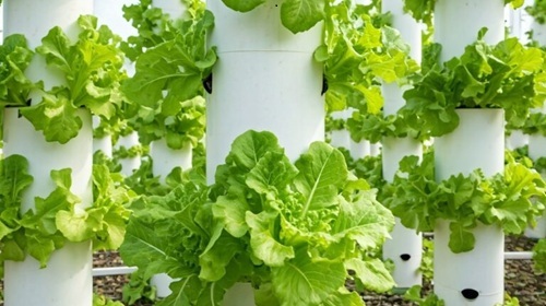 aeroponic towers growing lettuce outdoors