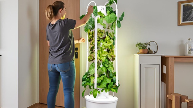 Woman tending to her tower garden