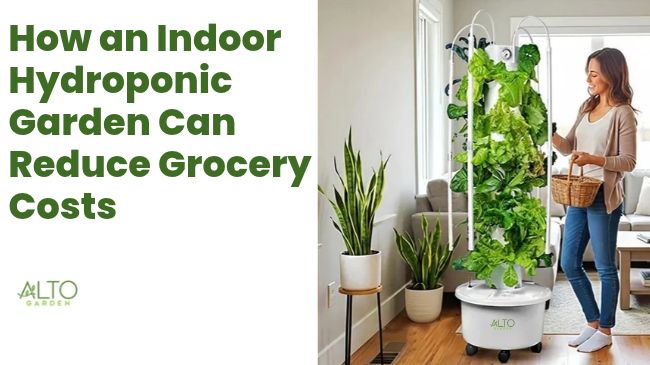 Woman harvesting greens from a vertical indoor hydroponic tower garden in a living room.